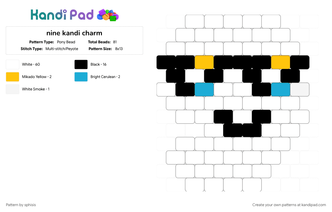 nine kandi charm - Pony Bead Pattern by sphisis on Kandi Pad - algebralien, bfdi, light blue, nine, object show, osc, tpot, white, yellow
