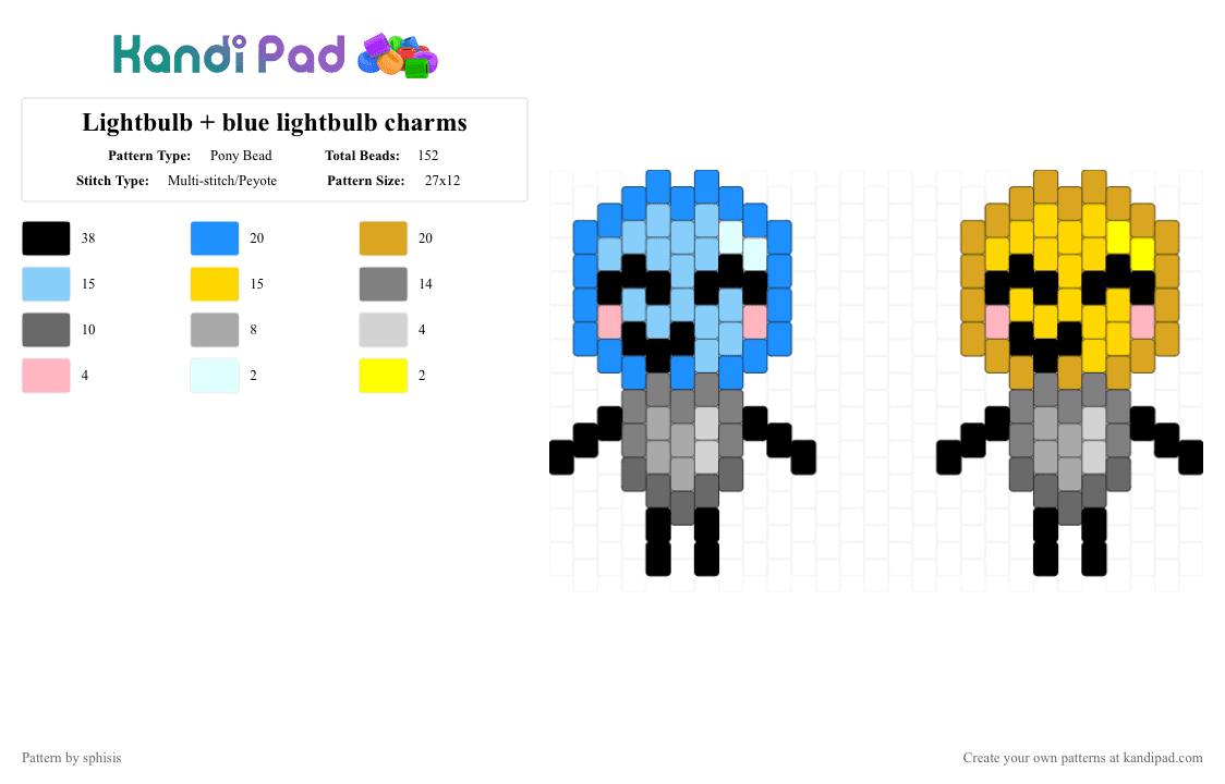 Lightbulb + blue lightbulb charms - Pony Bead Pattern by sphisis on Kandi Pad - gray, ii, inanimate insanity, light blue, lightbulb, object show, orange, osc, yellow