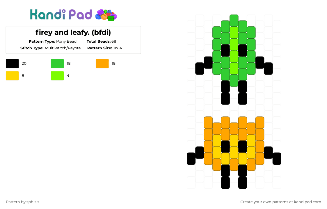 firey and leafy. (bfdi) - Pony Bead Pattern by sphisis on Kandi Pad - green,orange,osc,bfdi,firey,leafy