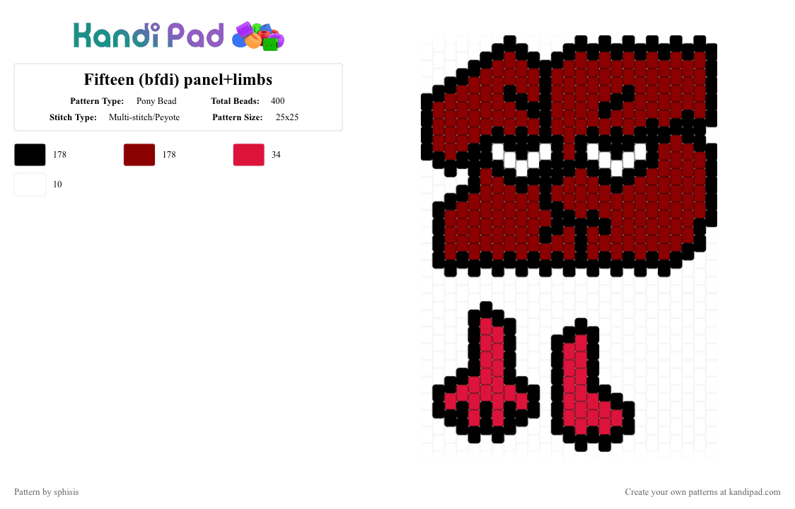 Fifteen (bfdi) panel+limbs - Pony Bead Pattern by sphisis on Kandi Pad - algebralien, bfdi, osc, red