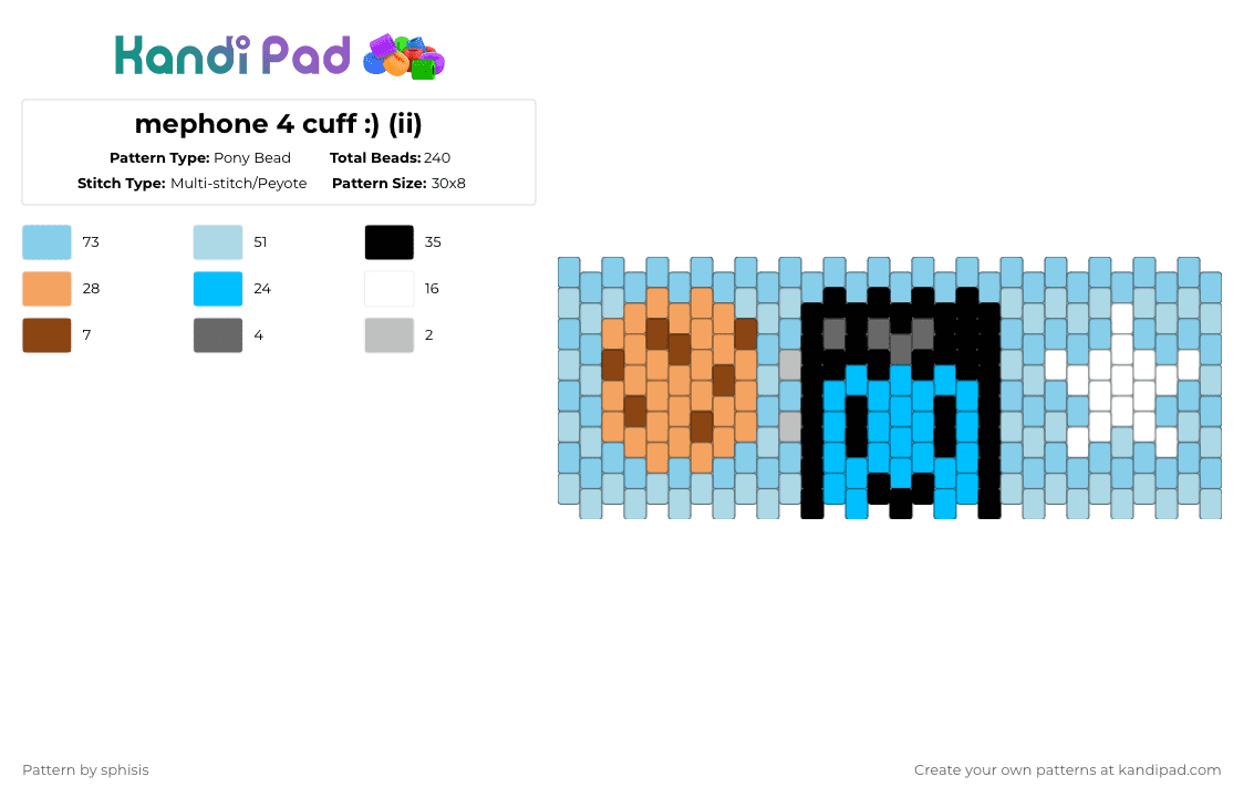 mephone 4 cuff :) (ii) - Pony Bead Pattern by sphisis on Kandi Pad - light blue,ii,inanimate insanity,osc,object show,mephone