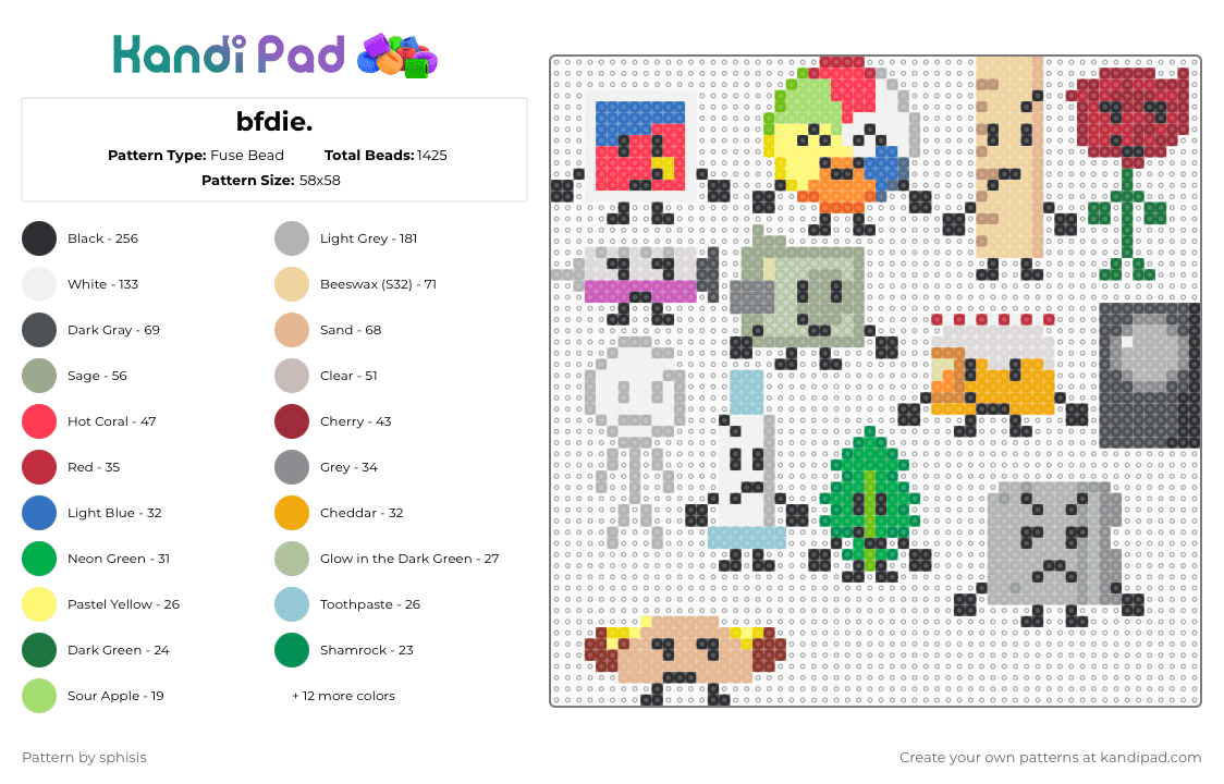 bfdie. - Fuse Bead Pattern by sphisis on Kandi Pad - red,green,beige,gray,bfdi,bfdie,osc,object show