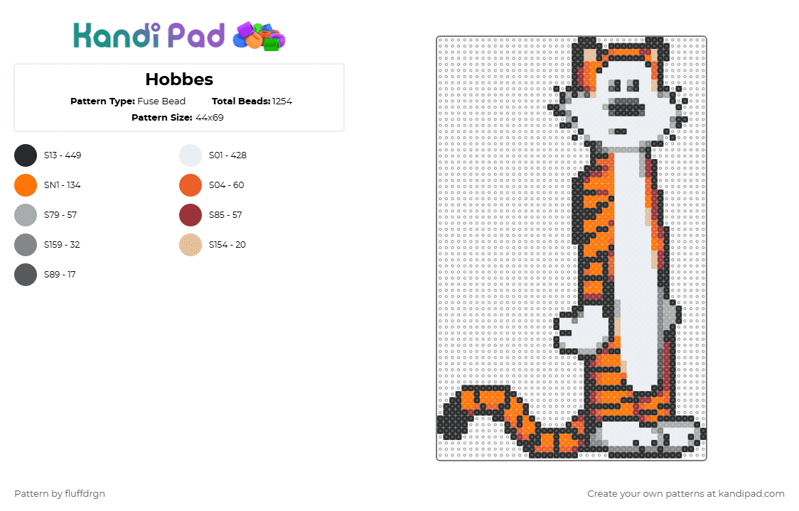 Hobbes - Fuse Bead Pattern by fluffdrgn on Kandi Pad - hobbes,calvin and hobbes,character,comic,animal,cartoon,white,gray,orange,ch,tiger,furry