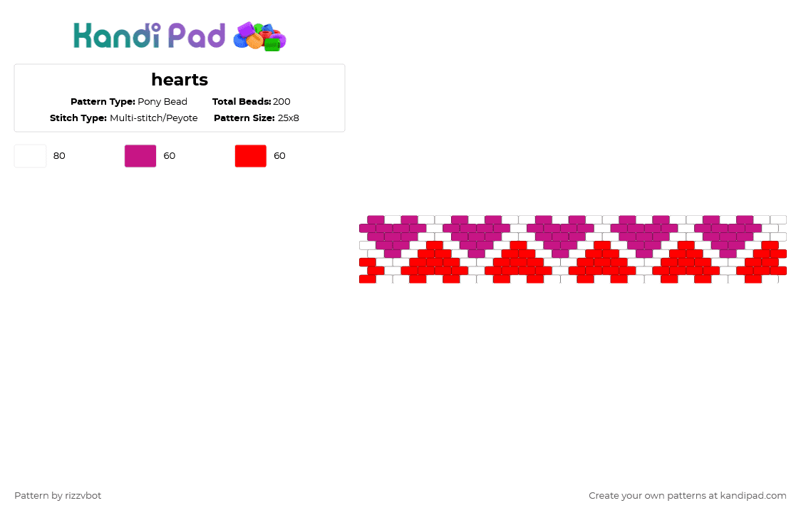 hearts - Pony Bead Pattern by rizzvbot on Kandi Pad - cuff, hearts, holiday, love, pink, red, repeating, valentine, valentines day