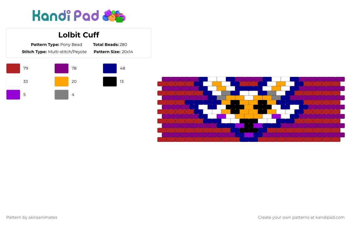 Lolbit Cuff - Pony Bead Pattern by akiraanimates on Kandi Pad - purple,pink,red,fnaf,cuff,lolbit