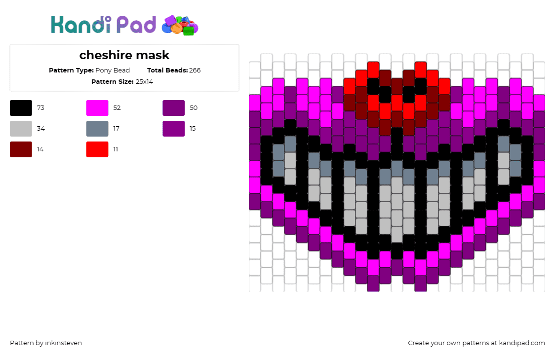 cheshire mask - Pony Bead Pattern by inkinsteven on Kandi Pad - cheshire cat,mask,alice in wonderland,whimsical,grin,mysterious,playful,vibe,pin