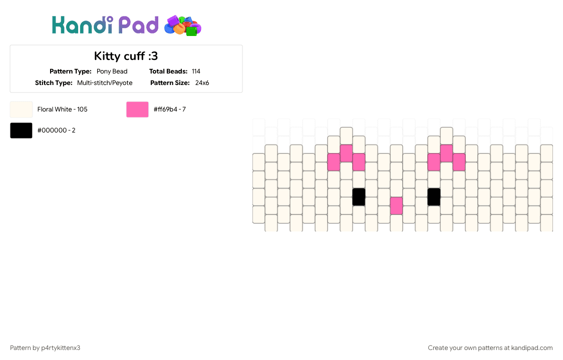 Kitty cuff :3 - Pony Bead Pattern by p4rtykittenx3 on Kandi Pad - animal, cat, cats, cute, face, kitten, kittens, kitty, white