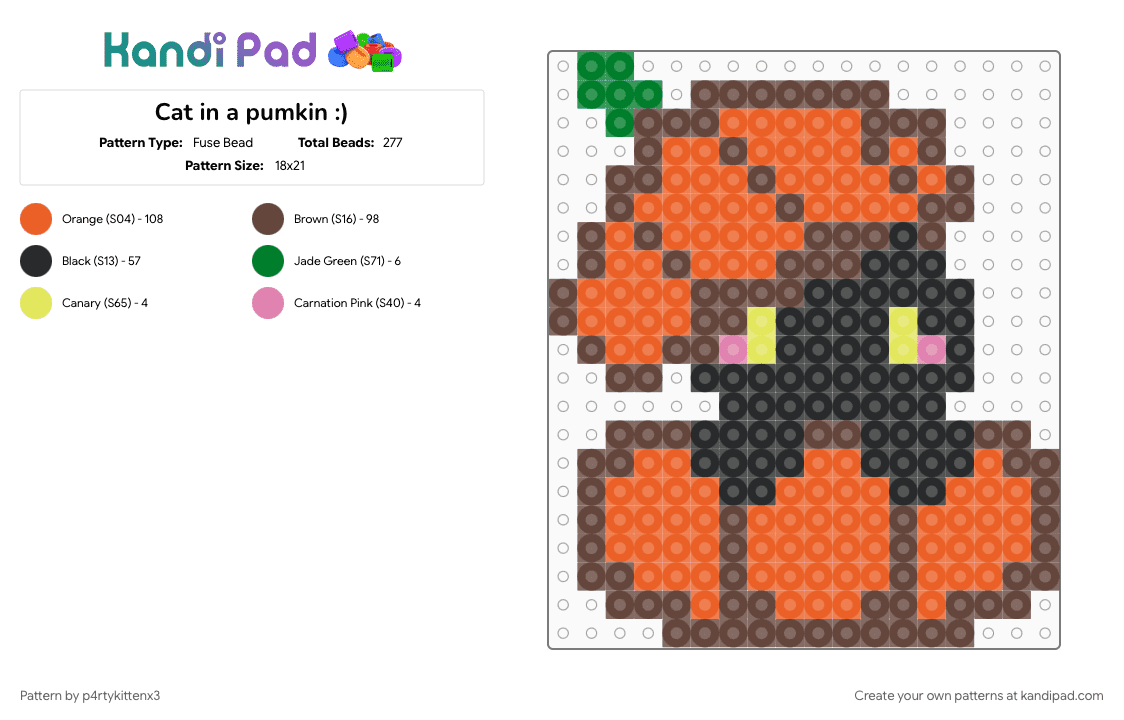 Cat in a pumkin :) - Fuse Bead Pattern by p4rtykittenx3 on Kandi Pad - animal, brown, cat, cats, halloween, orange