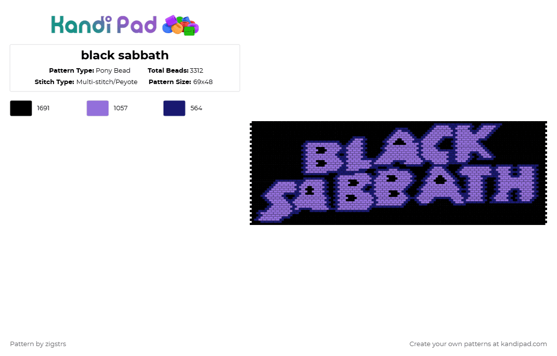 black sabbath - Pony Bead Pattern by zigstrs on Kandi Pad - black sabbath,ozzy osbourne,text,band,panel,music,black,purple,tapestry,even peyote