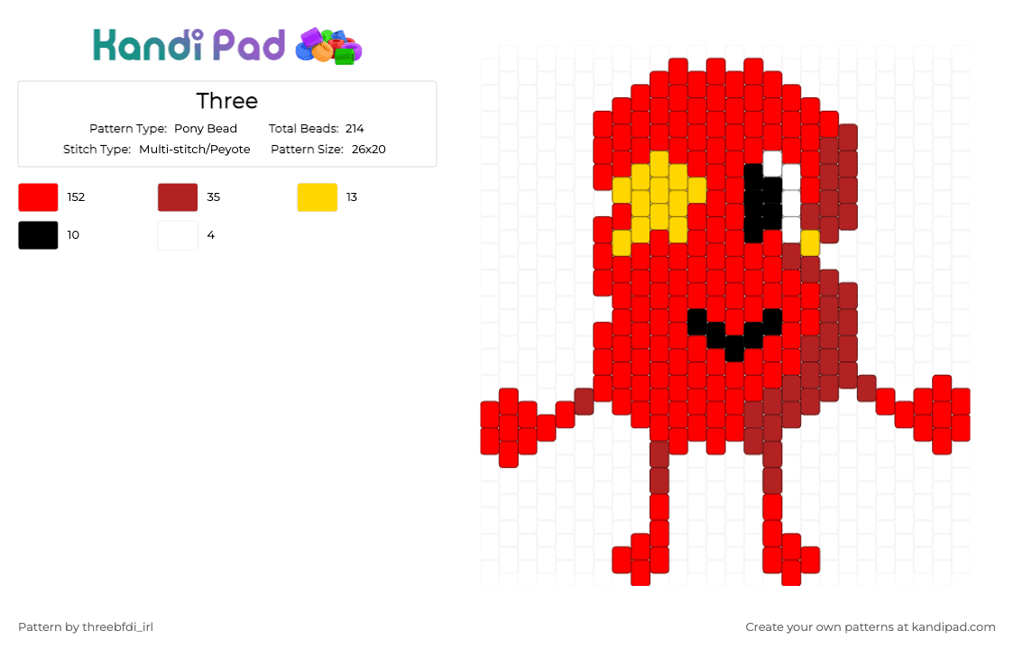 Three - Pony Bead Pattern by threebfdi_irl on Kandi Pad - algebralien, bfdi, osc, red, three, tpot