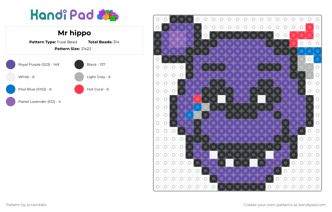 Mr hippo - Fuse Bead Pattern by scrambles on Kandi Pad - black,purple