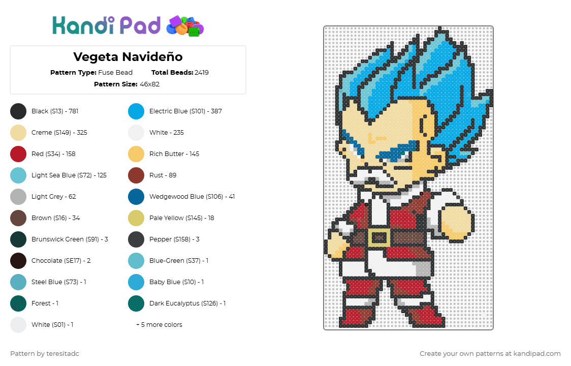 Vegeta Navideño - Fuse Bead Pattern by teresitadc on Kandi Pad - vegeta,santa claus,dragon ball z,costume,character,christmas,anime,cartoon,holiday,light blue,beige,yellow,red