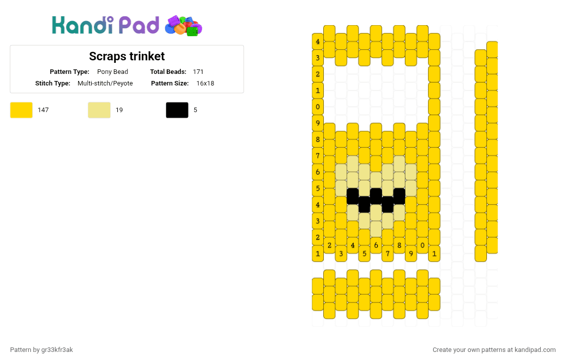 Scraps trinket - Pony Bead Pattern by gr33kfr3ak on Kandi Pad - yellow