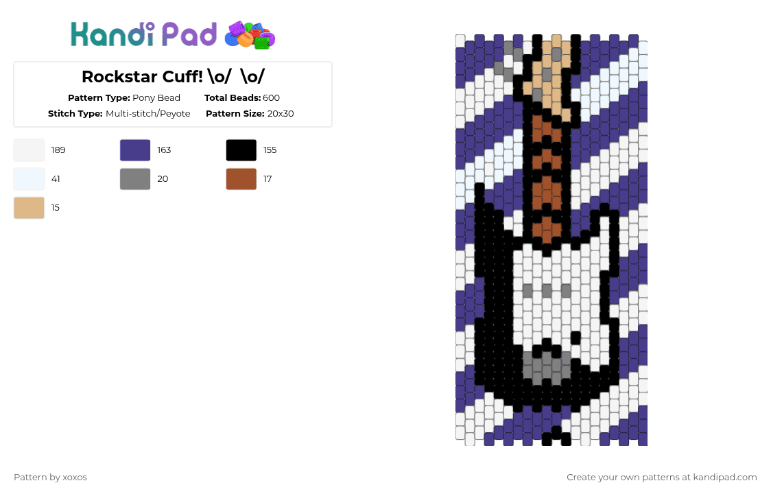 Rockstar Cuff! \\o/  \\o/ - Pony Bead Pattern by xoxos on Kandi Pad - guitar,diagonal,stripes,rockstar,music,instrument,white,purple