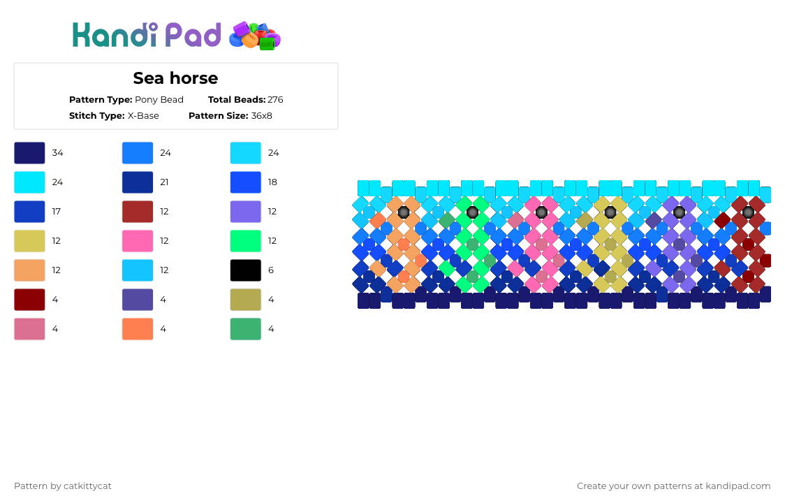Sea horse - Pony Bead Pattern by catkittycat on Kandi Pad - seahorse,repeating,xbase,cuff,animal,ocean,sea,aquatic,purple,blue,light blue,cotdseahorses