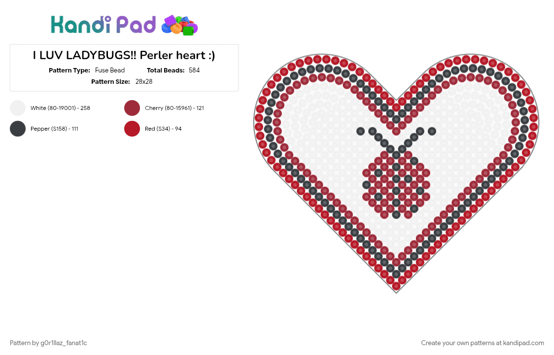 I LUV LADYBUGS!! Perler heart :) - Fuse Bead Pattern by g0r1llaz_fanat1c on Kandi Pad - red, white