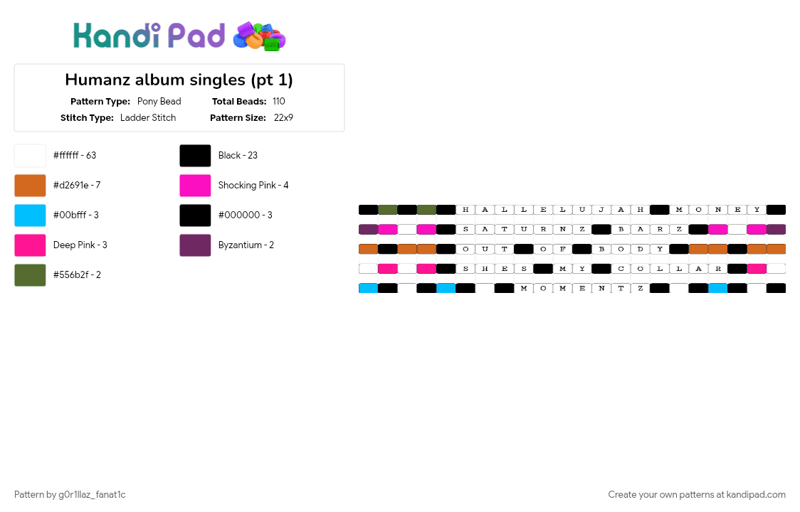 Humanz album singles (pt 1) - Pony Bead Pattern by g0r1llaz_fanat1c on Kandi Pad - orange, pink, white