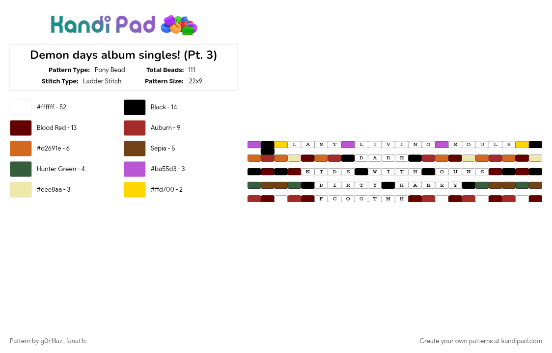 Demon days album singles! (Pt. 3) - Pony Bead Pattern by g0r1llaz_fanat1c on Kandi Pad - brown, red, white