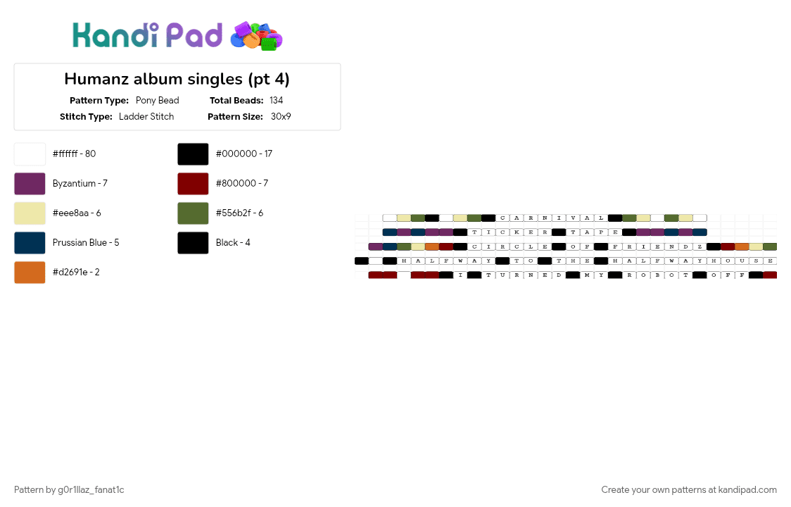 Humanz album singles (pt 4) - Pony Bead Pattern by g0r1llaz_fanat1c on Kandi Pad - brown, colorful, gold, white