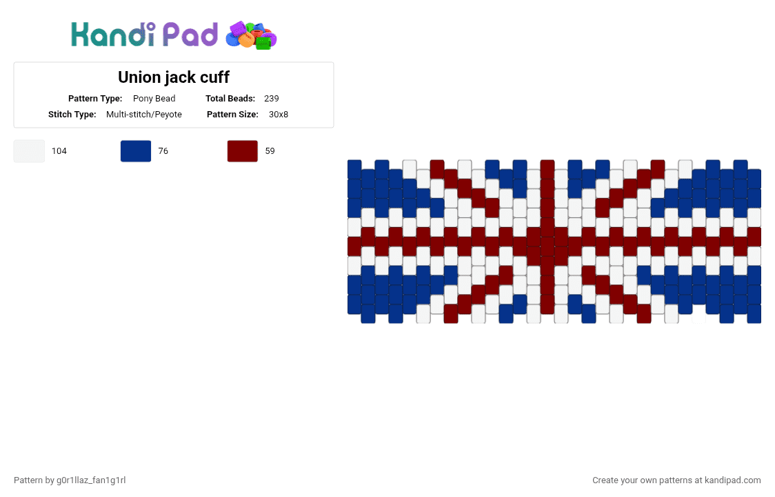 Union jack cuff - Pony Bead Pattern by g0r1llaz_fanat1c on Kandi Pad - brown,blue