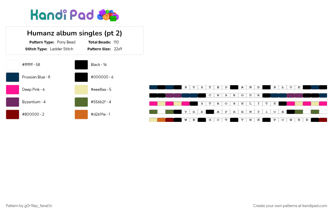 Humanz album singles (pt 2) - Pony Bead Pattern by g0r1llaz_fanat1c on Kandi Pad - blue, pink, white, yellow