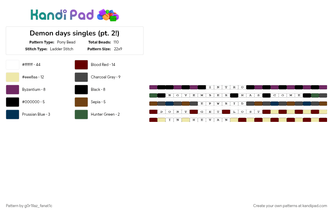 Demon days singles (pt. 2!) - Pony Bead Pattern by g0r1llaz_fanat1c on Kandi Pad - brown, white, yellow