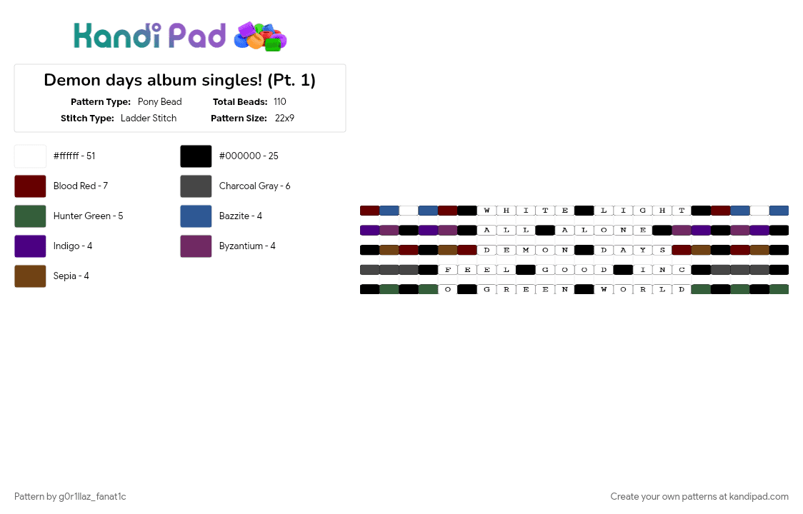 Demon days album singles! (Pt. 1) - Pony Bead Pattern by g0r1llaz_fanat1c on Kandi Pad - brown, white