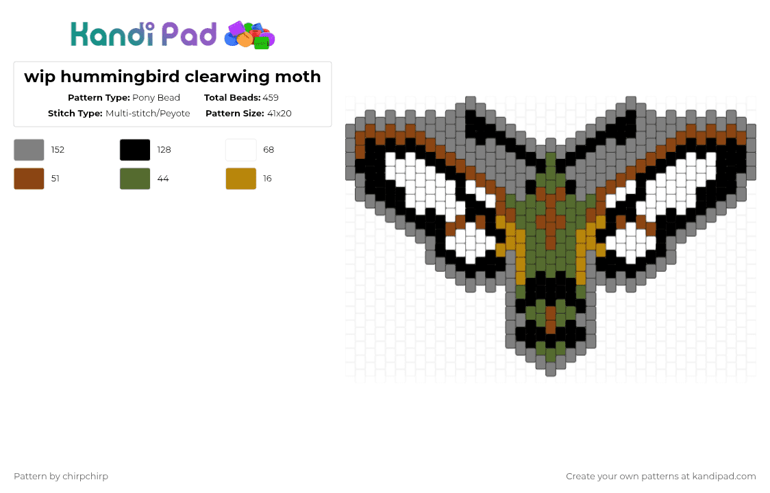 wip hummingbird clearwing moth - Pony Bead Pattern by chirpchirp on Kandi Pad - hummingbird,animal,gray,moth,hawkmoth,bug,insect,butterfly,clearwing moth