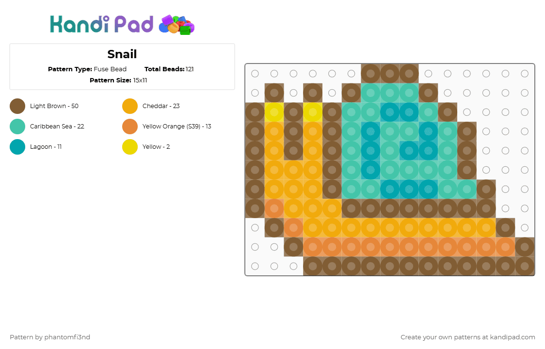 Snail - Fuse Bead Pattern by phantomfi3nd on Kandi Pad - snail,animal,invertebrate,orange,tan,teal,garden snail