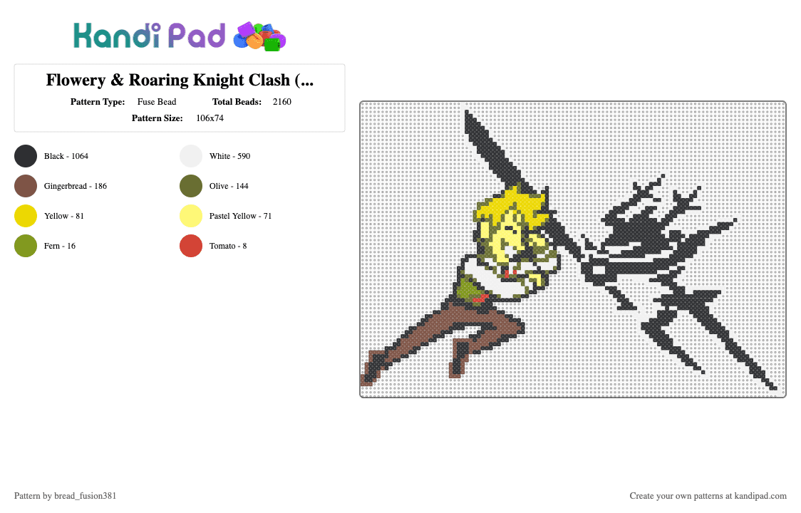 Flowery & Roaring Knight Clash (Deltarune) - Fuse Bead Pattern by bread_fusion381 on Kandi Pad - black, colorful, deltarune, flowery, gold, jarona, kris, ralsei, roaring knight, susie, tan, white