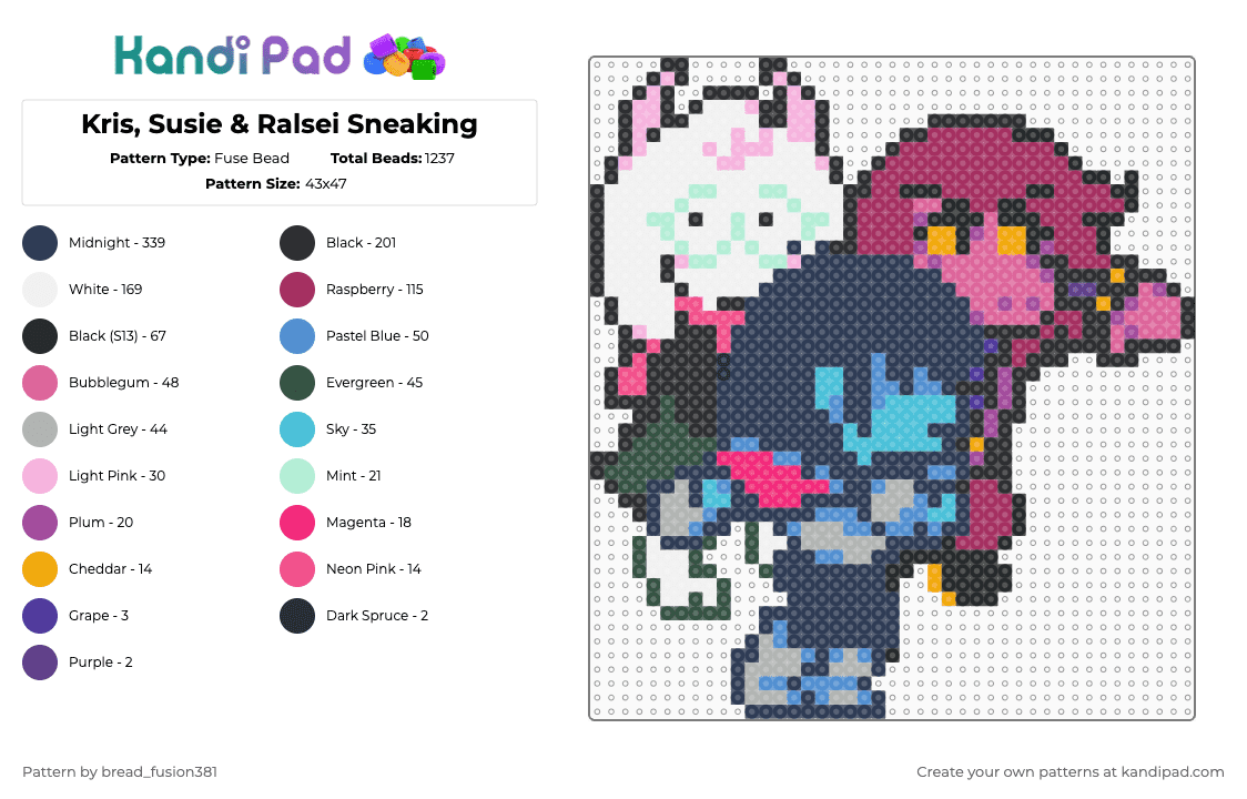 Kris, Susie & Ralsei Sneaking - Fuse Bead Pattern by bread_fusion381 on Kandi Pad - pink,purple,deltarune,kris,susie,ralsei,deltarune pattern,undertale