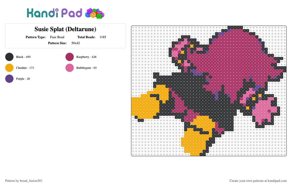 Susie Splat (Deltarune) - Fuse Bead Pattern by bread_fusion381 on Kandi Pad - deltarune, deltarune chapter 5, kris, pink, ralsei, susie, undertale