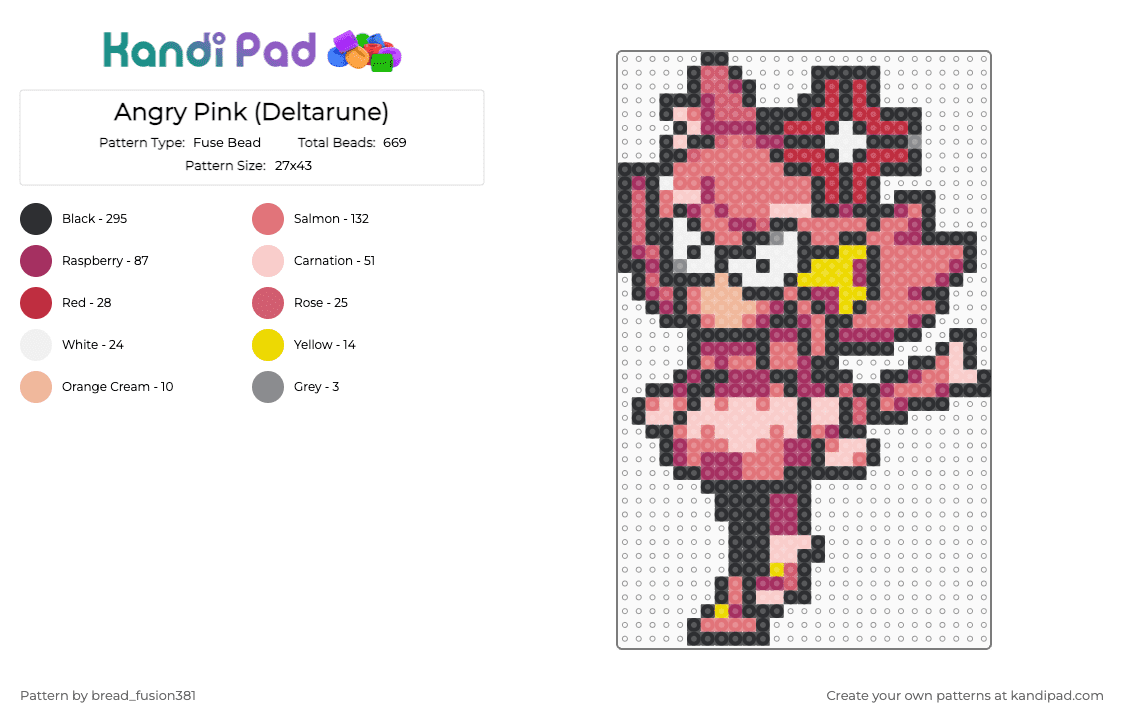 Angry Pink (Deltarune) - Fuse Bead Pattern by bread_fusion381 on Kandi Pad - black,red,pink,deltarune,mad mew mew,deltarune chapter 5,kris,susie,ralsei,mad dummy