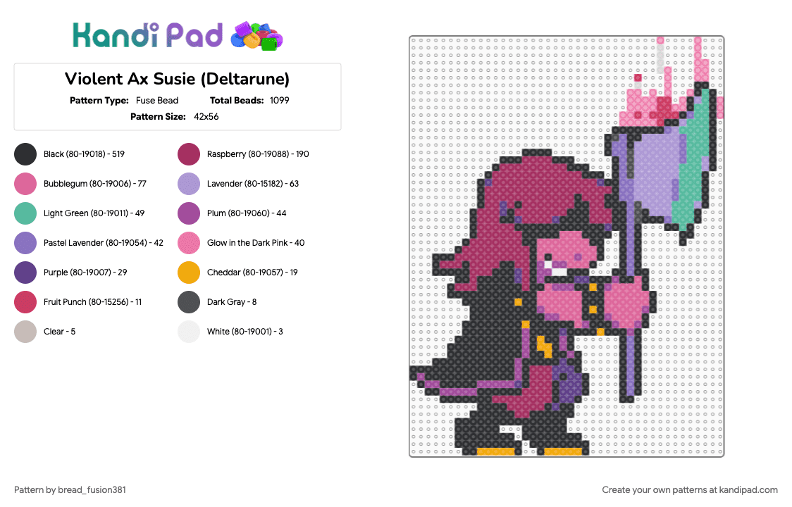 Violent Ax Susie (Deltarune) - Fuse Bead Pattern by bread_fusion381 on Kandi Pad - black, deltarune, deltarune chapter 1, kris, lancer, pink, ralsei, susie, undertale