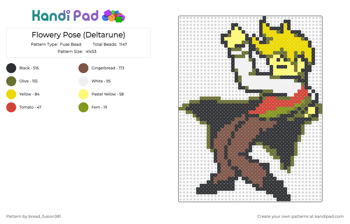 Flowery Pose (Deltarune) - Fuse Bead Pattern by bread_fusion381 on Kandi Pad - gold,yellow,tan,deltarune,deltarune chapter 5,flowery,kris,ralsei,susie,jarona