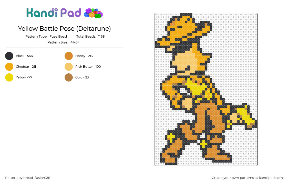 Yellow Battle Pose (Deltarune) - Fuse Bead Pattern by bread_fusion381 on Kandi Pad - deltarune, deltarune chapter 5, flowery, kris, orange, ralsei, susie, yellow