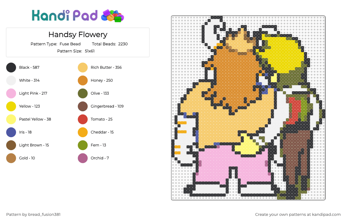 Handsy Flowery - Fuse Bead Pattern by bread_fusion381 on Kandi Pad - pink,yellow,orange,deltarune,flowery,asgore,deltarune chapter five,kris,ralsei,susie