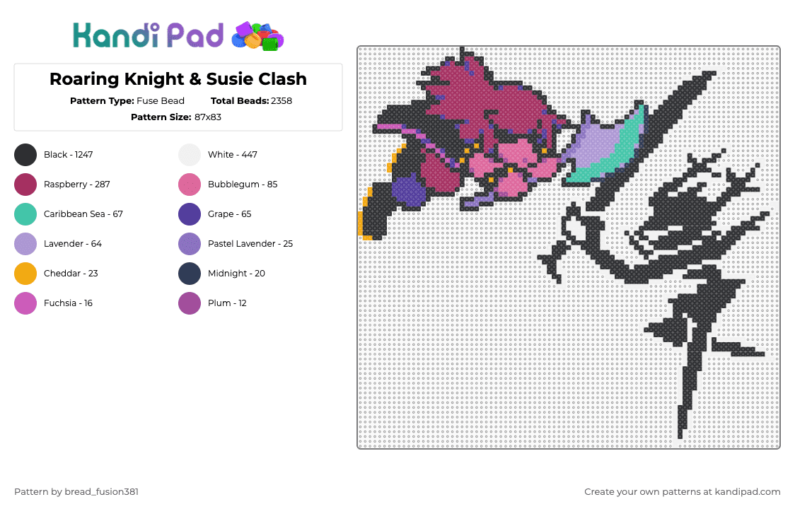 Roaring Knight & Susie Clash - Fuse Bead Pattern by bread_fusion381 on Kandi Pad - black,pink,deltarune,susie,roaring knight,kris,ralsei,undertale