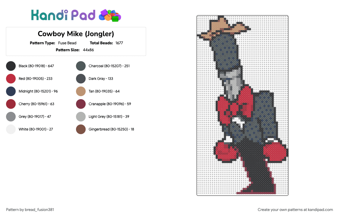Cowboy Mike (Jongler) - Fuse Bead Pattern by bread_fusion381 on Kandi Pad - battat, deltarune, gray, jongler, kris, mike, pink, pluey, red, tenna