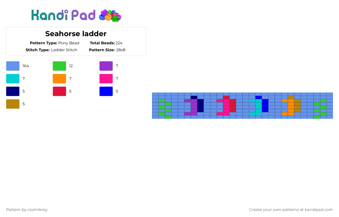 Seahorse ladder - Pony Bead Pattern by cozmikrey on Kandi Pad - seahorse,underwater,cuff,ladder,animal,marine life,creature,light blue,cotdseahorses