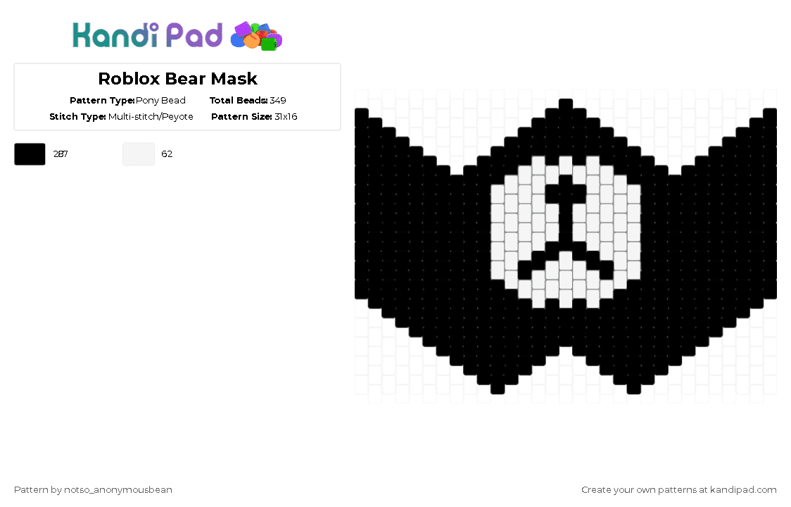 Roblox Bear Mask - Pony Bead Pattern by notso_anonymousbean on Kandi Pad - black,roblox,mask,bear,animal