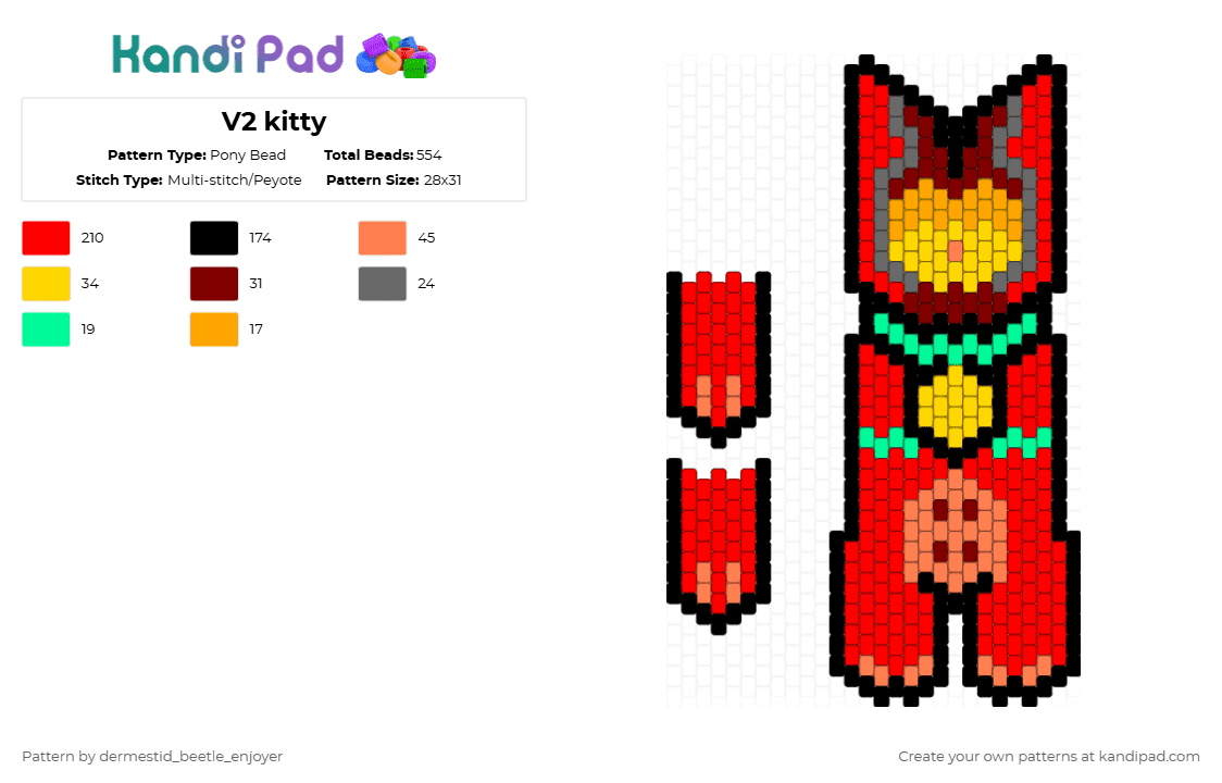 V2 kitty - Pony Bead Pattern by dermestid_beetle_enjoyer on Kandi Pad - red,orange,kitty,pride,ultrakill,robot