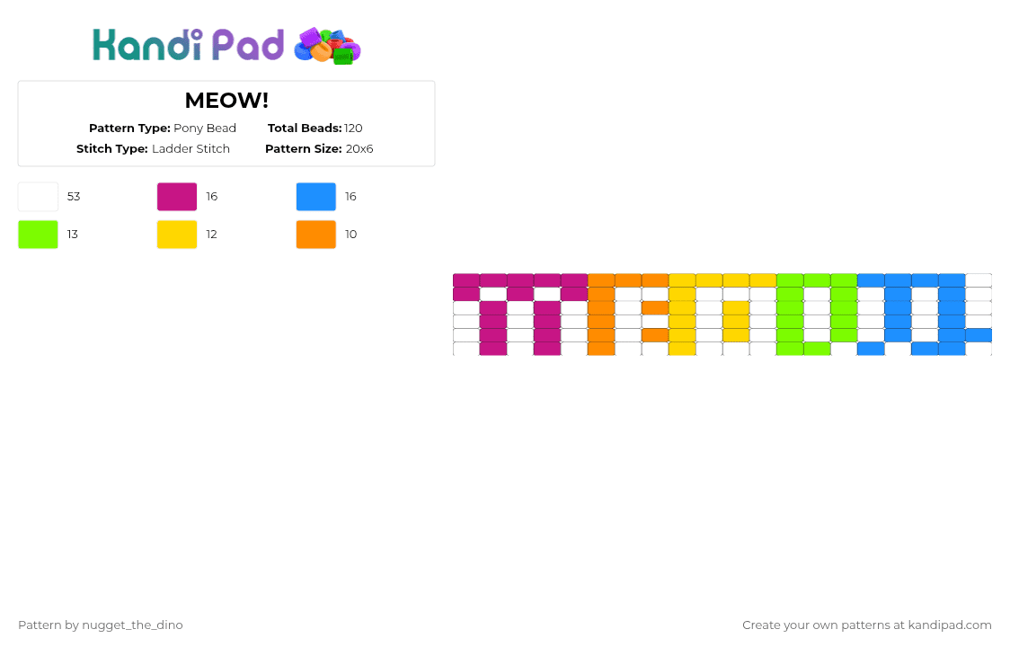 MEOW! - Pony Bead Pattern by nugget_the_dino on Kandi Pad - white,pink,green,light blue