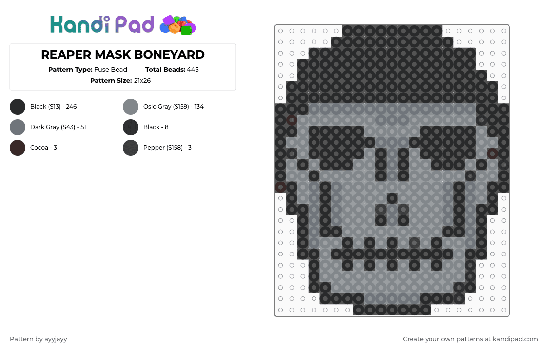 REAPER MASK BONEYARD - Fuse Bead Pattern by ayyjayy on Kandi Pad - gray,reaper,dnb,mask,drum and bass,boneyard