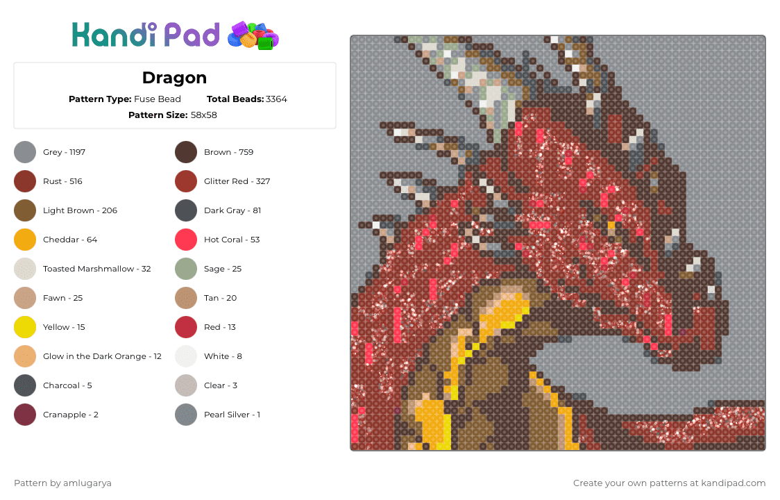 Dragon - Fuse Bead Pattern by amlugarya on Kandi Pad - gray,brown,red