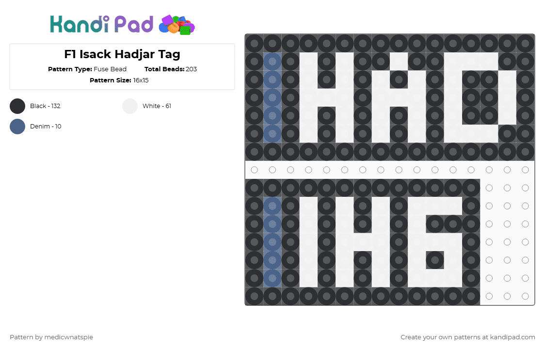 F1 Isack Hadjar Tag: 2025 - Fuse Bead Pattern by medicwnatspie on Kandi Pad - black,white,f1,racing,isack hadjar,ih6
