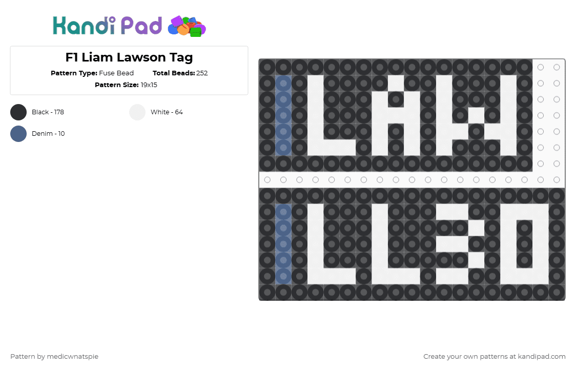 F1 Liam Lawson Tag: 2025 - Fuse Bead Pattern by medicwnatspie on Kandi Pad - black,white,f1,racing,liam lawson,ll30