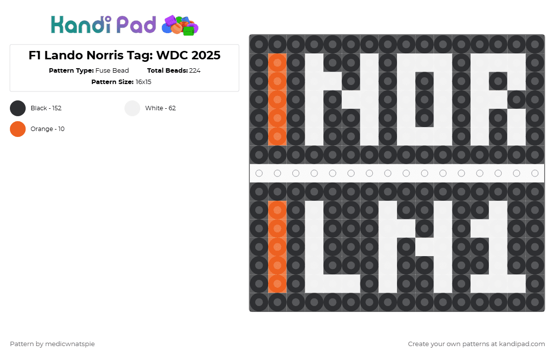 F1 Lando Norris Tag: WDC 2025 - Fuse Bead Pattern by medicwnatspie on Kandi Pad - black,white,f1,lando norris,ln4,racing,ln1,wdc