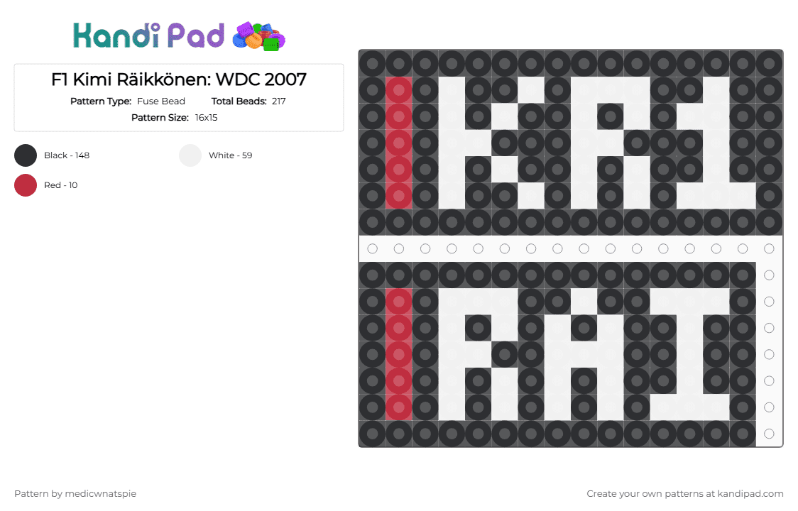 F1 Kimi Räikkönen: WDC 2007 - Fuse Bead Pattern by medicwnatspie on Kandi Pad - black, f1, ferrari, kimi raikkonen, kr1, racing, white