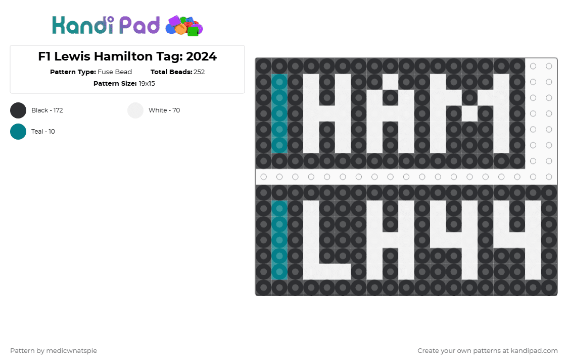 F1 Lewis Hamilton Tag: 2024 - Fuse Bead Pattern by medicwnatspie on Kandi Pad - black,white,f1,racing,lewis hamilton,lh44